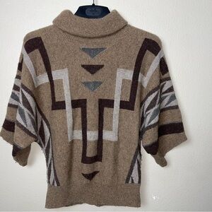 LAUREN Ralph Lauren RLL Lambswool Cowl Neck Sweater Brown Aztec 1/4 Sleeve SMALL